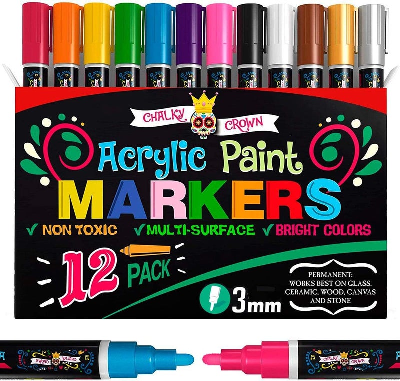 CHALKY CROWN - 3mm Acrylic Paint Markers, Acrylic Paint Pens for Rock Painting, Stone, Ceramic, Glass, Wood - 12 Pack - Image 1